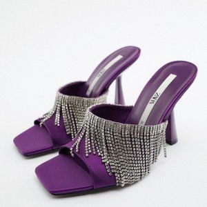 Zara Sparkly Rhinestones Fringe Heeled Sandals Purple